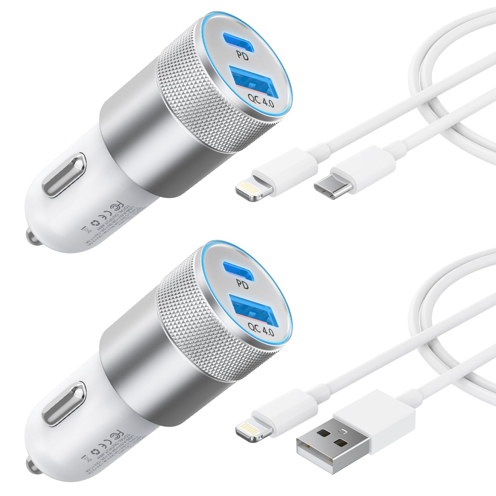 Car Charger, [Apple MFi Certified] 48W Cigarette Lighter iPhone Car Charger Fast Charging with USB-A and USB-C to Lightning Cable for Carplay, Car Accessories for iPhone/iPad/Airpods and More