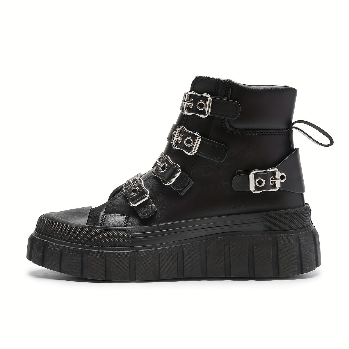 Womens All-Season Black Platform Ankle Boots - Comfortable Thick Sole Casual Metal Buckle Straps