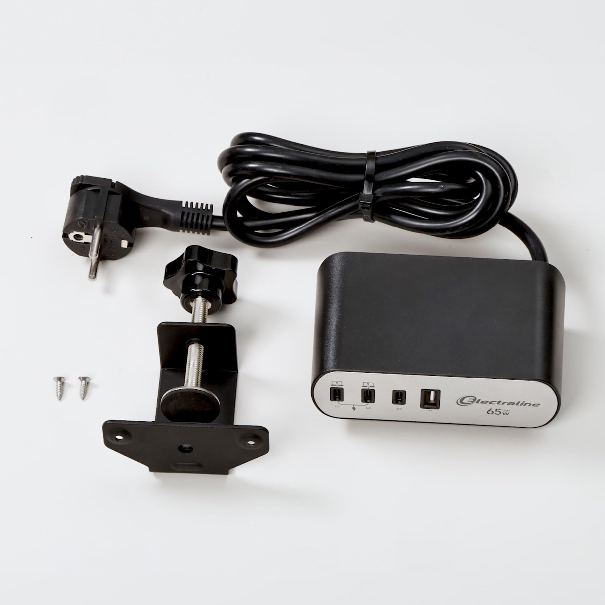Electraline 62584 Regleta Base Multiple de Escritorio/Mesa de trabajo Electradock 2 Tomas Schuko + 1 USB-A + 3 USB C 65W PD Power Delivery, Cable H05VV-F 3G1.5 Longitud 2M, Enchufe Schuko