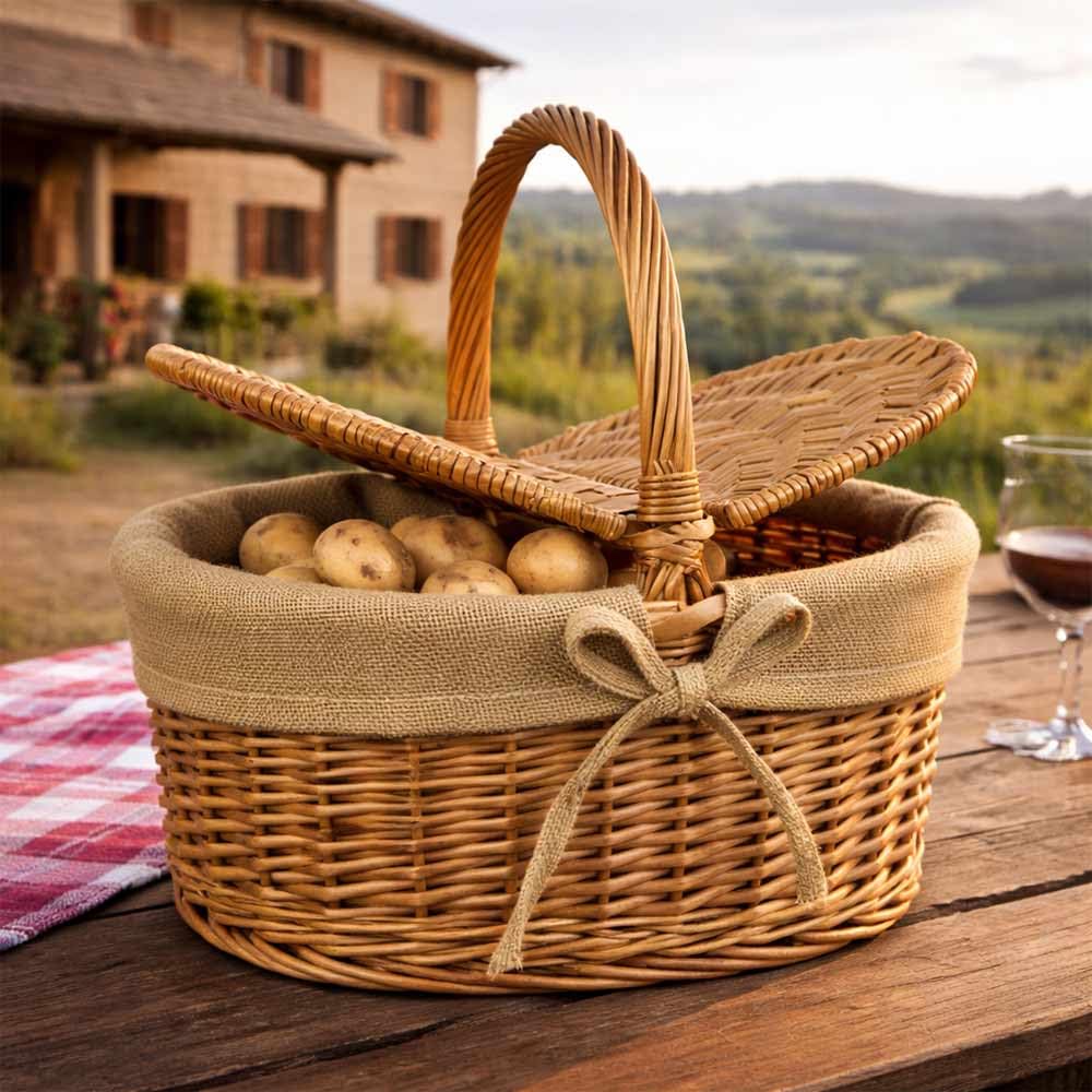 Cesto Picnic in Vimini e Juta con Coperchio e Manico 50x32 h42 cm — Cestino da Pic Nic per 2-4 Persone, Raccolta Funghi, Idea Regalo