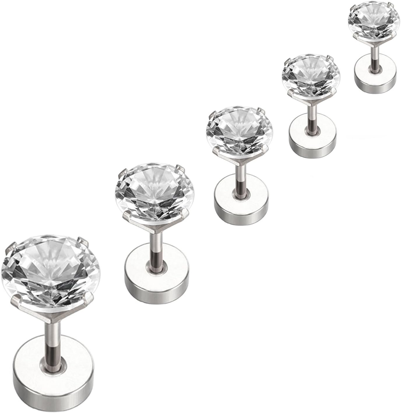 Stainless Steel Cubic Zirconia Stud Earrings Helix Cartilage Earrings Flat Back 3-7mm 5 Pairs