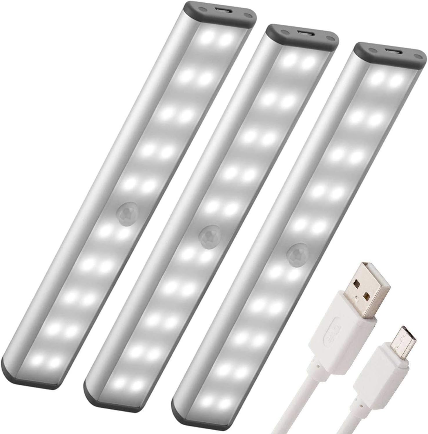 MOSTON Motion Sensor Closet Lights, 3 Pack 20 LED Cordless Under Cabinet Lighting with Built-in Rechargeable Battery, Stick-on Anywhere Magnetic Night Lamp for Cupboard Cabinet Kitchen Stairs