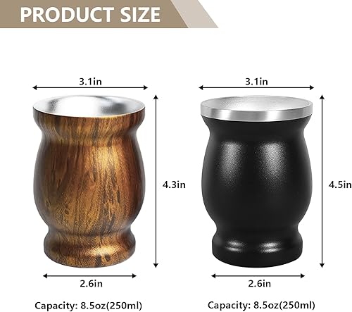 Miniatura 10 de Artcome Juego de 4 tazas de yerba mate de acero inoxidable  1 taza mate de acero inoxidable de doble pared de 8.5 onzas (negro), 2 bombillas (paja