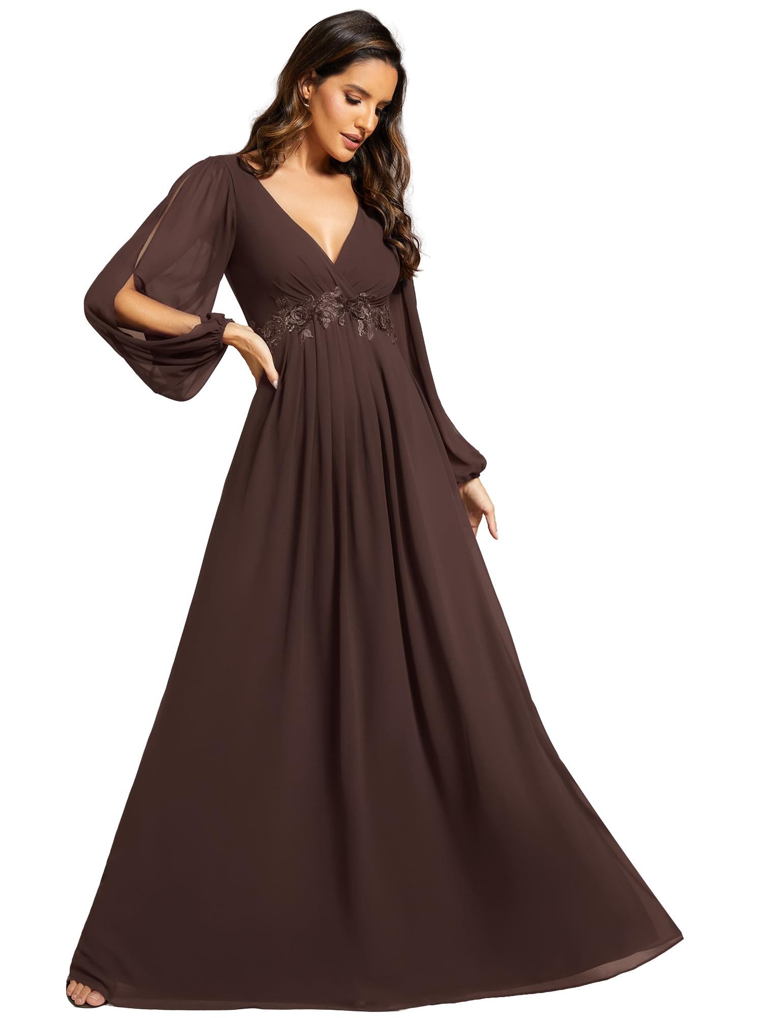 Photo 1 of Ever-Pretty Women's V Neck Long Lantern Sleeves Floor Length Ruched Chiffon A-Line Formal Evening Dress Espresso US12