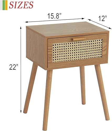 Miniatura 3 de AWASEN Mesita de noche de mediados de siglo, mesa auxiliar de ratán con cajón, moderna mesita de noche con almacenamiento y patas de madera maciza
