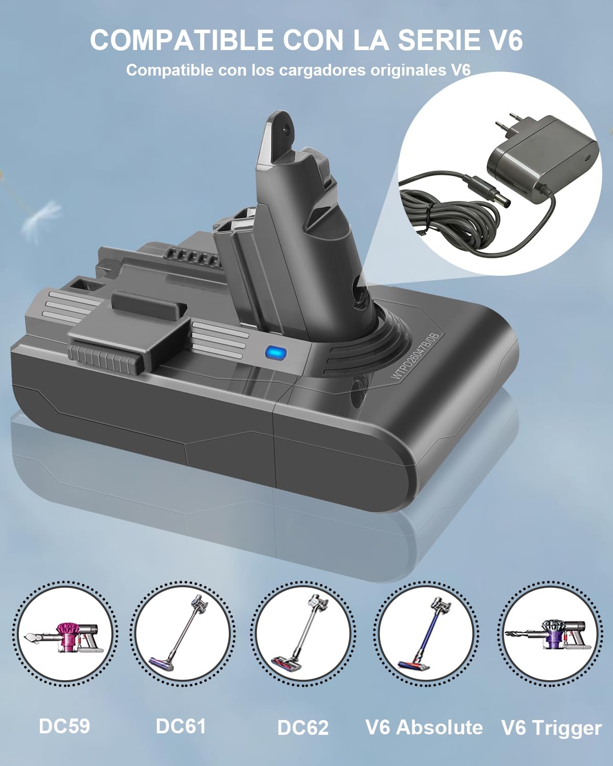Waitley Batería 6000mAh para Dyson V6 Aspiradora | Compatible con Dyson V6 DC58/DC59/DC61/DC62/DC72/DC74 y SV03/SV05/SV06/SV07/SV09; batería Li-ion 6000mAh con protección