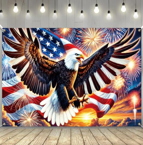 Image of America Independence Day Backdrop Banner 71 x 43 Inch US Flag Bald Eagle Patriotic National Holiday Backdrop Veterans Day Memorial Day Party Banner Supplies Independence Day Themed Party