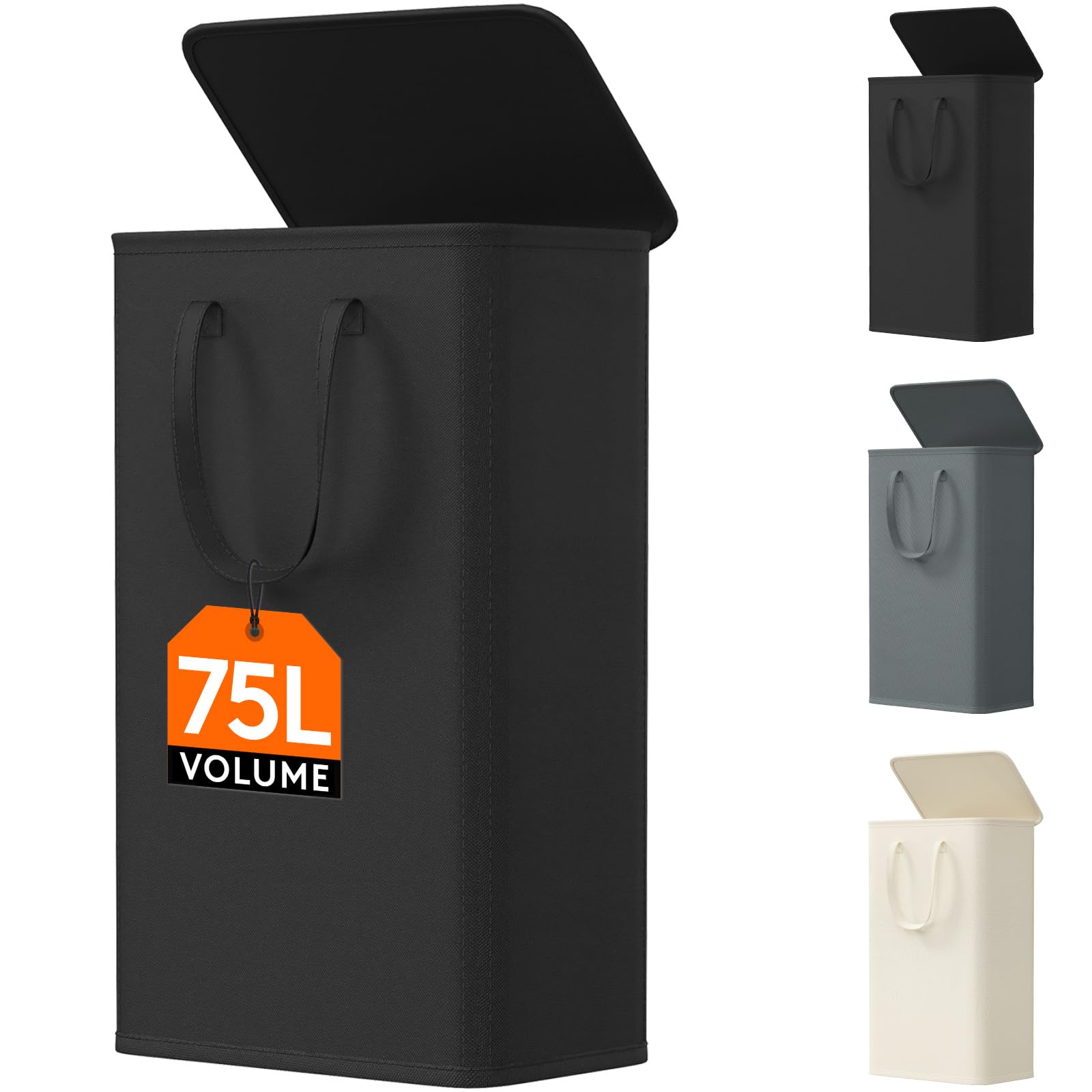 Lifewit 75L Slim Laundry Basket with Lid, Narrow, Handles, Black — image 1