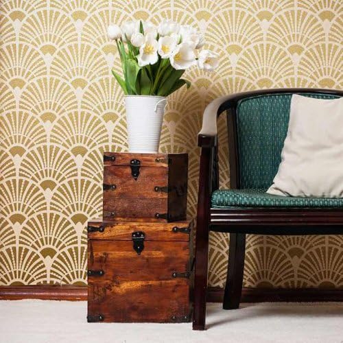 Deco Fans Allover Stencils - Modern Wall Stencils for Painting - Large Reusable Art Deco Accent Template for DIY Wallpaper Alternative - Cutting Edge Stencils