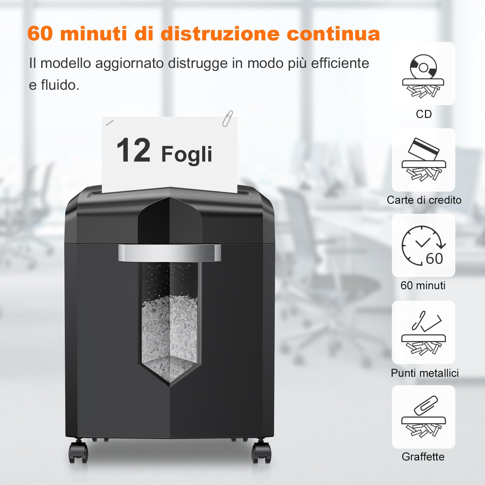 Bonsaii distruggidocumenti professionale 12 Fogli, Taglio a Micro Frammenti con Funzione Distruggi Carte di Credito/CD, per Casa e Ufficio, con ruote e Cestino da 16 litri (C266-B)