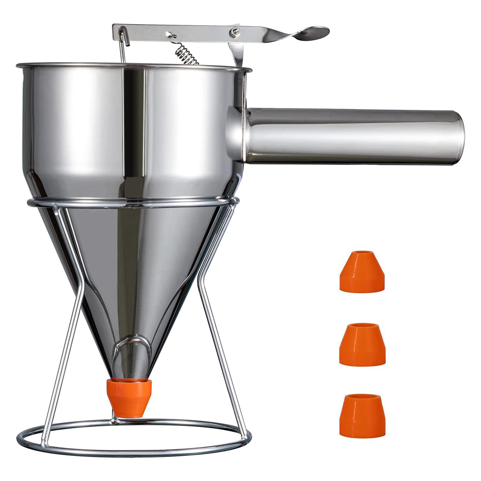 40oz Pancake Batter Dispenser with Squeeze Handle, Stainless Steel Cupcake Dispenser Set w/4 Caliber Nozzles, Stand, Mess-Free Batter Pourer for Pancakes, Waffles, Takoyaki