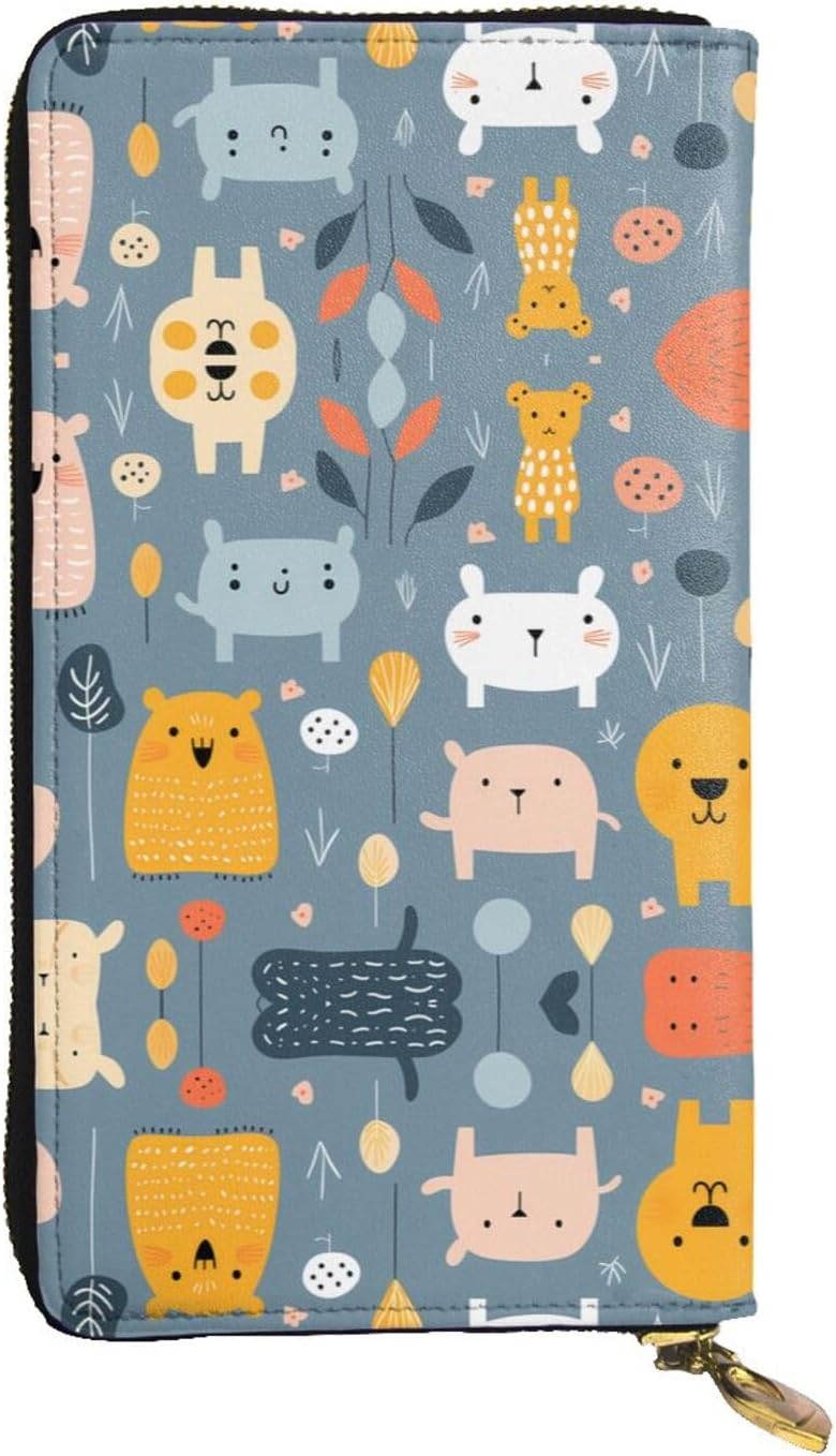 Children's drawings Stylish leather wallet, 7.48 x 4.13 inch long zippered coin purse, convenient travel cash wallet