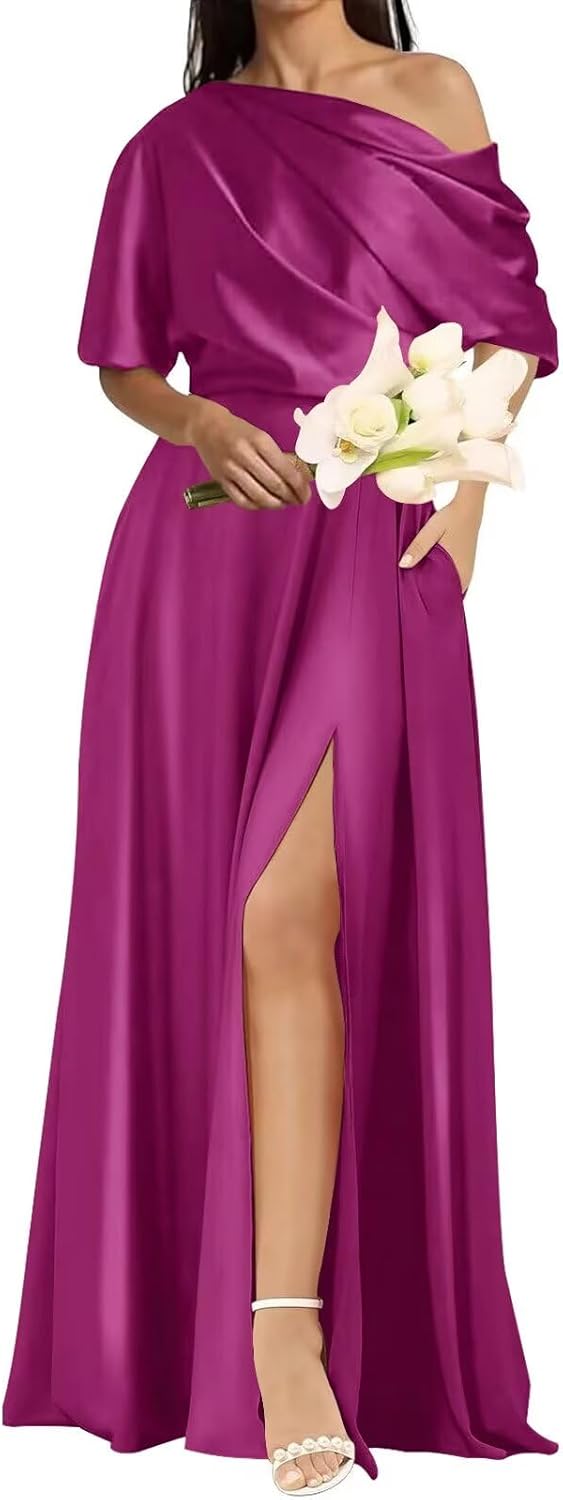 Bedlover One Shoulder Satin Bridesmaid Dresses 2026 Long Slit Ruched Formal Evening Party Gowns
