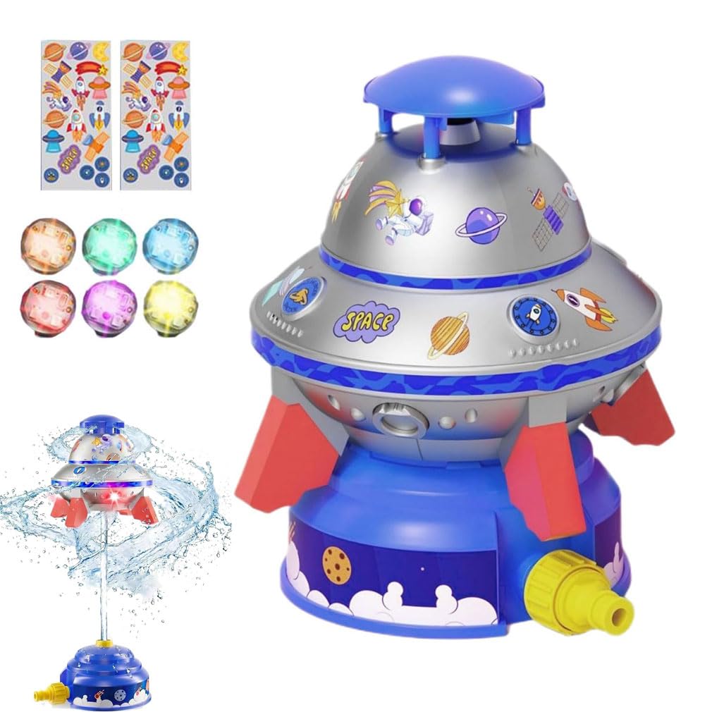 UFO Water Sprinkler for Kids, 360° Rotating Water Rocket Toy Outdoor Summer Play With Light & Stickers, Adjustable Height Water Launche, Summer Fun Water Sprinkler Outdoor Yard Toy for Kids (Blue)