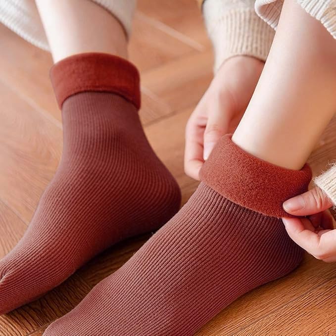 KITDAO Winter Thumb Toe Adult Warm Line Ribbed Snow Womens Stretch Knit Super Thick Wool Fur Socks Plush Thermal Men Women Fashion Fuzzy Solid Color Velvet Snow Socks (pack of 4) 1