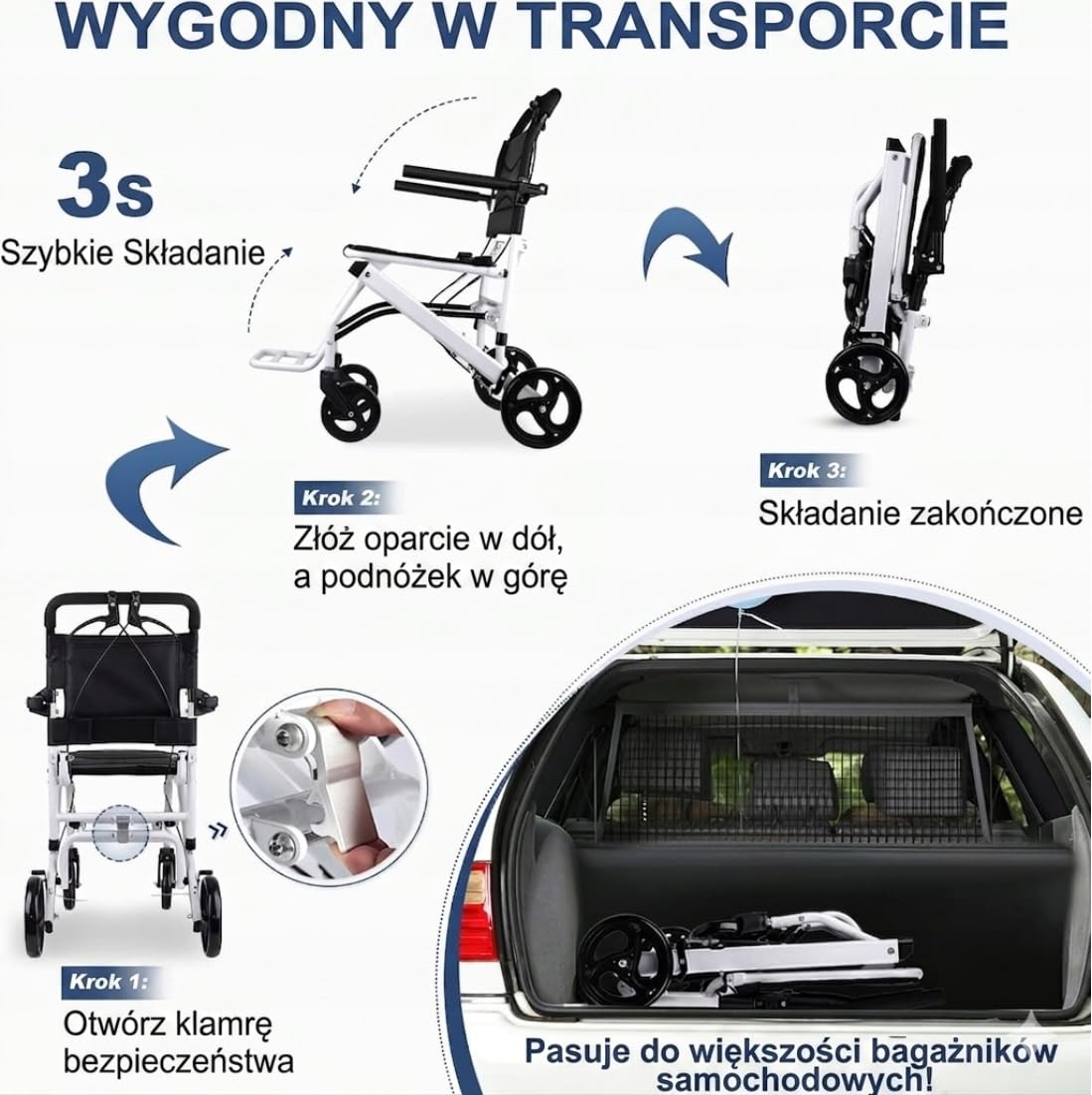 Ultralekki Wózek Inwalidzki Transportowy 6,2 kg Składany Aluminiowy, Wózek dla Seniora i Osób Niepełnosprawnych, Hamulce Opiekuna, Pas Bezpieczeństwa, Do Podróży i Codziennego Użytku