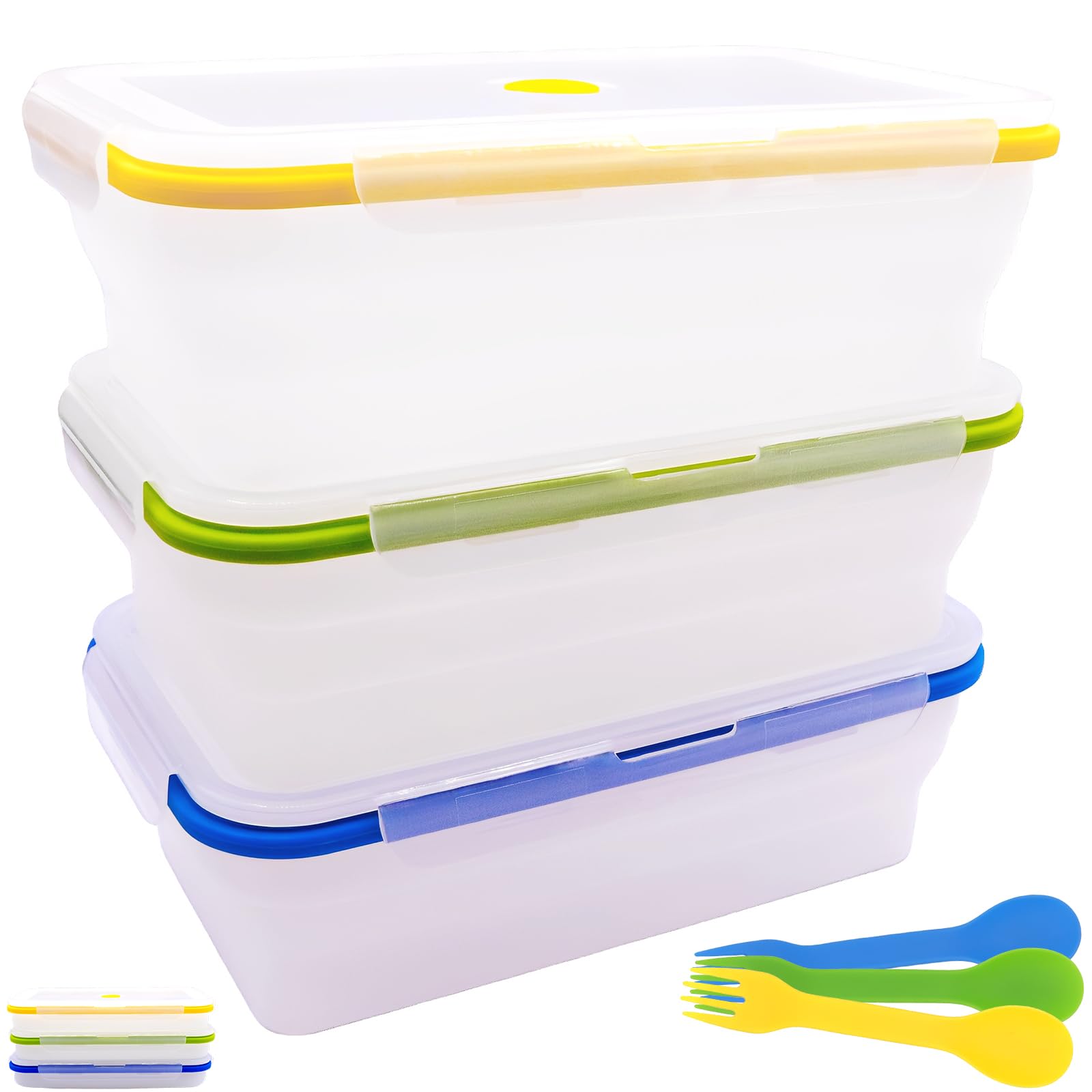Extra große, faltbare transparente Silikon-Frischhaltedosen mit Deckel, 2,5 l, 3 Stück, XXL, faltbare Bento-Lunchbox, wiederverwendbare große Mahlzeiten-Boxen für Küche, Camping, BPA-frei (3