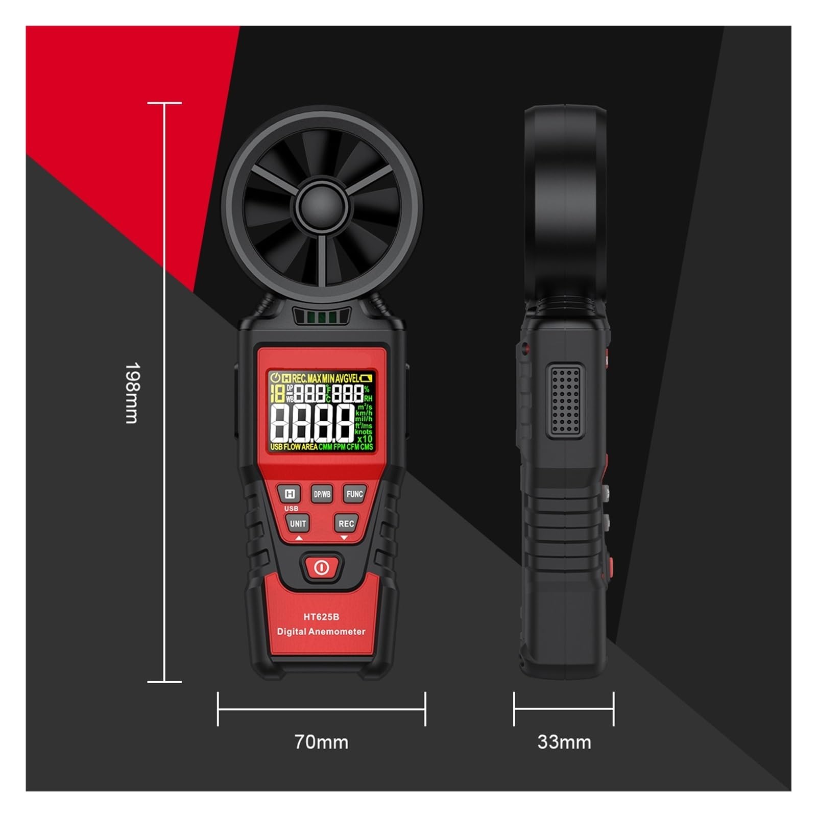 HT625 Digital-Anemometer Tragbares handgehaltenes Windgeschwindigkeitsmessgerät Windmesser LCD-Hintergrundbeleuchtungsanzeige Temperatur-Feuchtigkeitsmessgerät(HT625B)