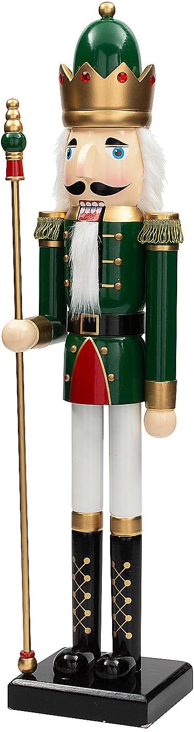 Fun Express 3 Ft. Large Classic Green Wooden Holiday Nutcracker with Scepter, Festive Christmas Decoration