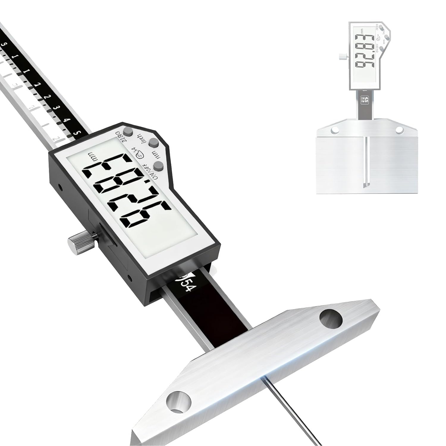 Medidor de profundidad digital con varilla delgada y pantalla LCD, rango de 0 a 100 mm, precisión de ±0,03 mm, para comprobaciones de altura de soldadura y espesor de filete.