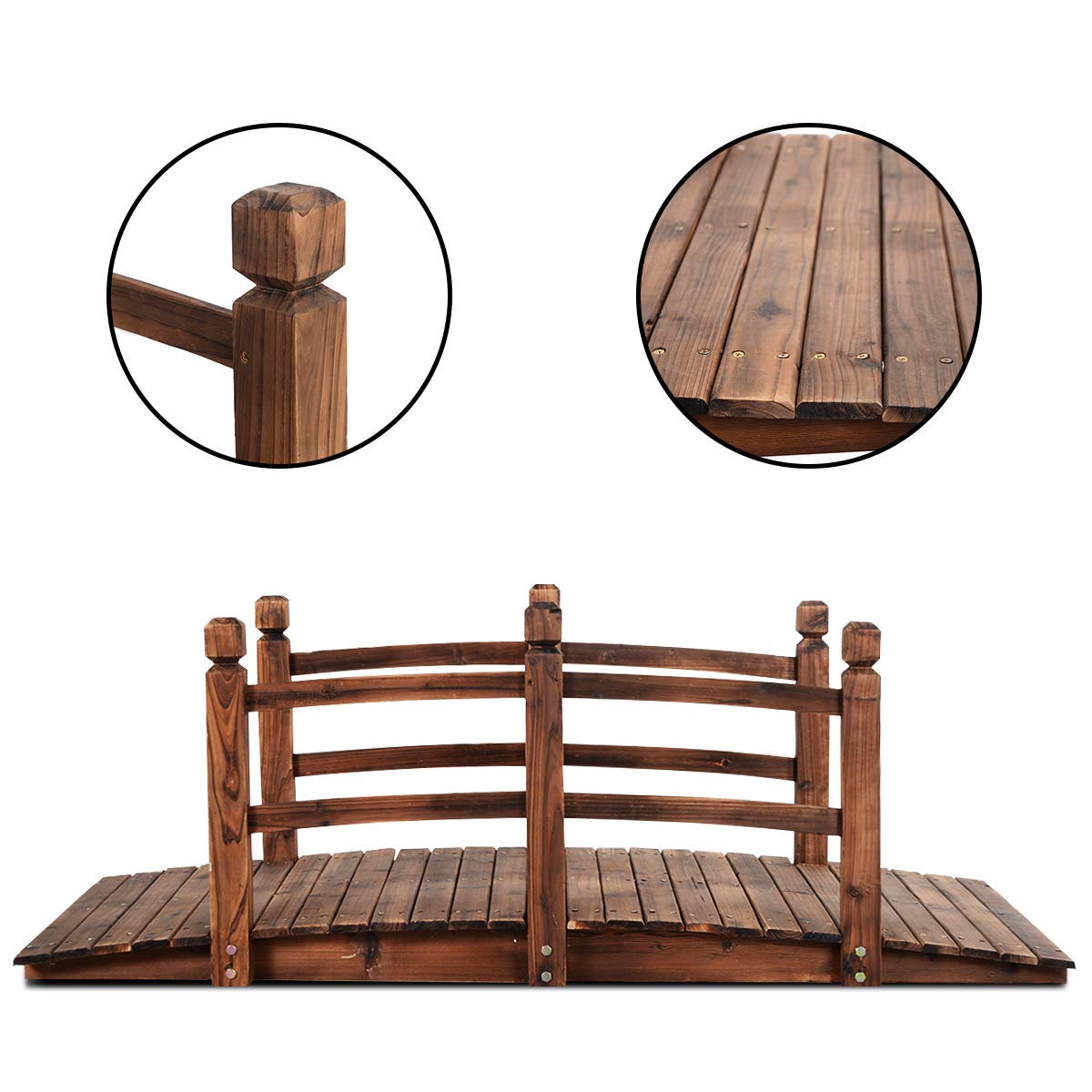 GOPLUS Holzbrücke aus Tannenholz, Gartenbrücke bis 100 kg, Teichbrücke Braun, Zierbrücke mit Geländer, 150x67x55cm (Braun)