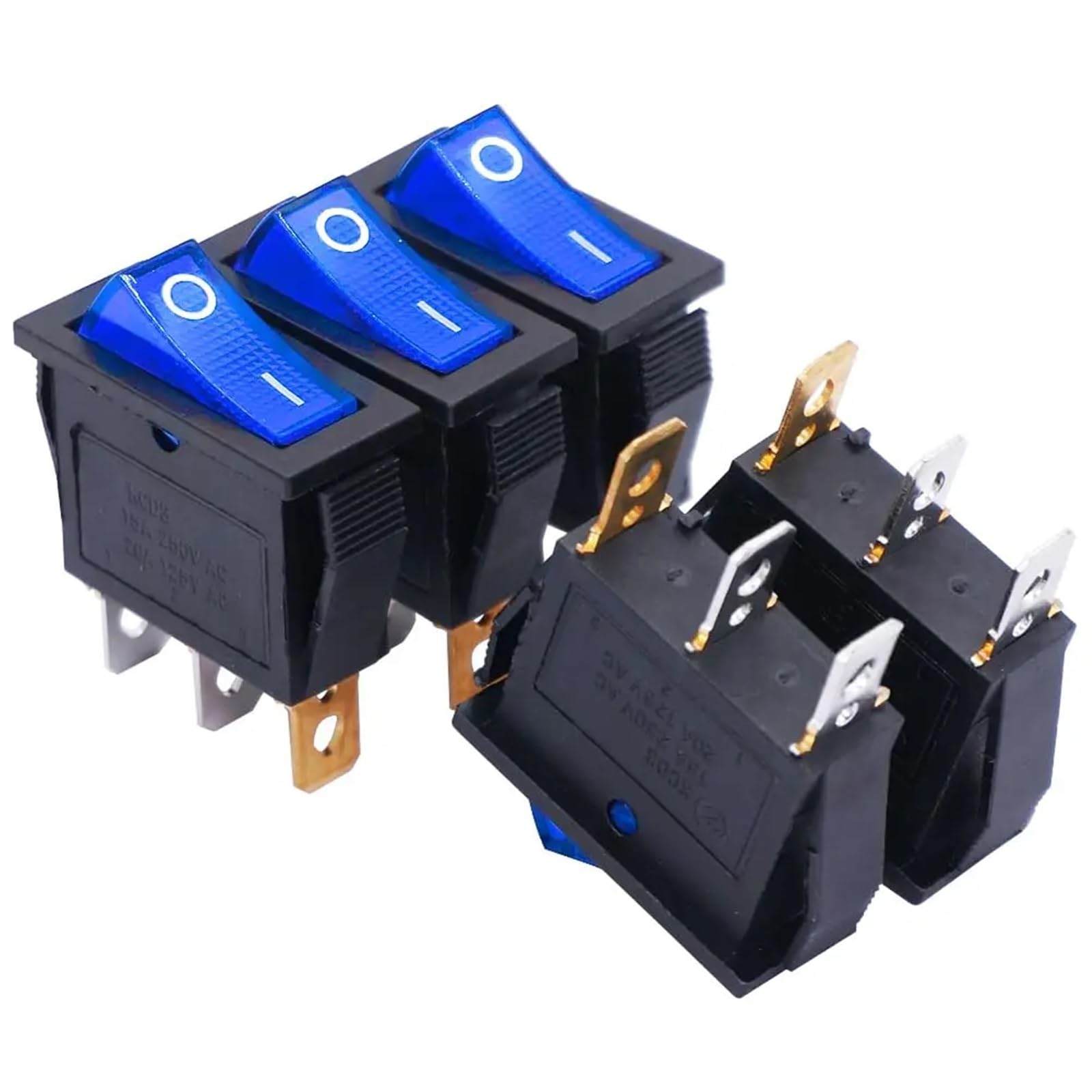 Interruptor basculante de palanca CA 20 A/125 V 15 A/250 V SPST, 3 pines, 2 posiciones, encendido/apagado, luz LED azul, KCD3-101N, 5 unidades