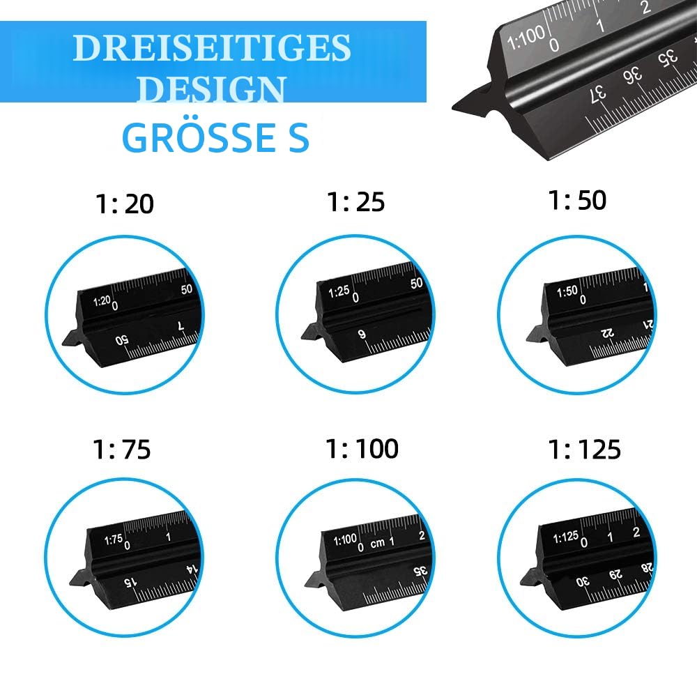 2 Stück Maßstab Lineal, Dreieckig Lineal Metall Aluminium-Lineal metrisch für Architekten und Ingenieuren: 1:20, 1:25, 1:50, 1:75, 1:100, 1:125/1:100, 1:200, 1:250, 1:300, 1:400, 1:500