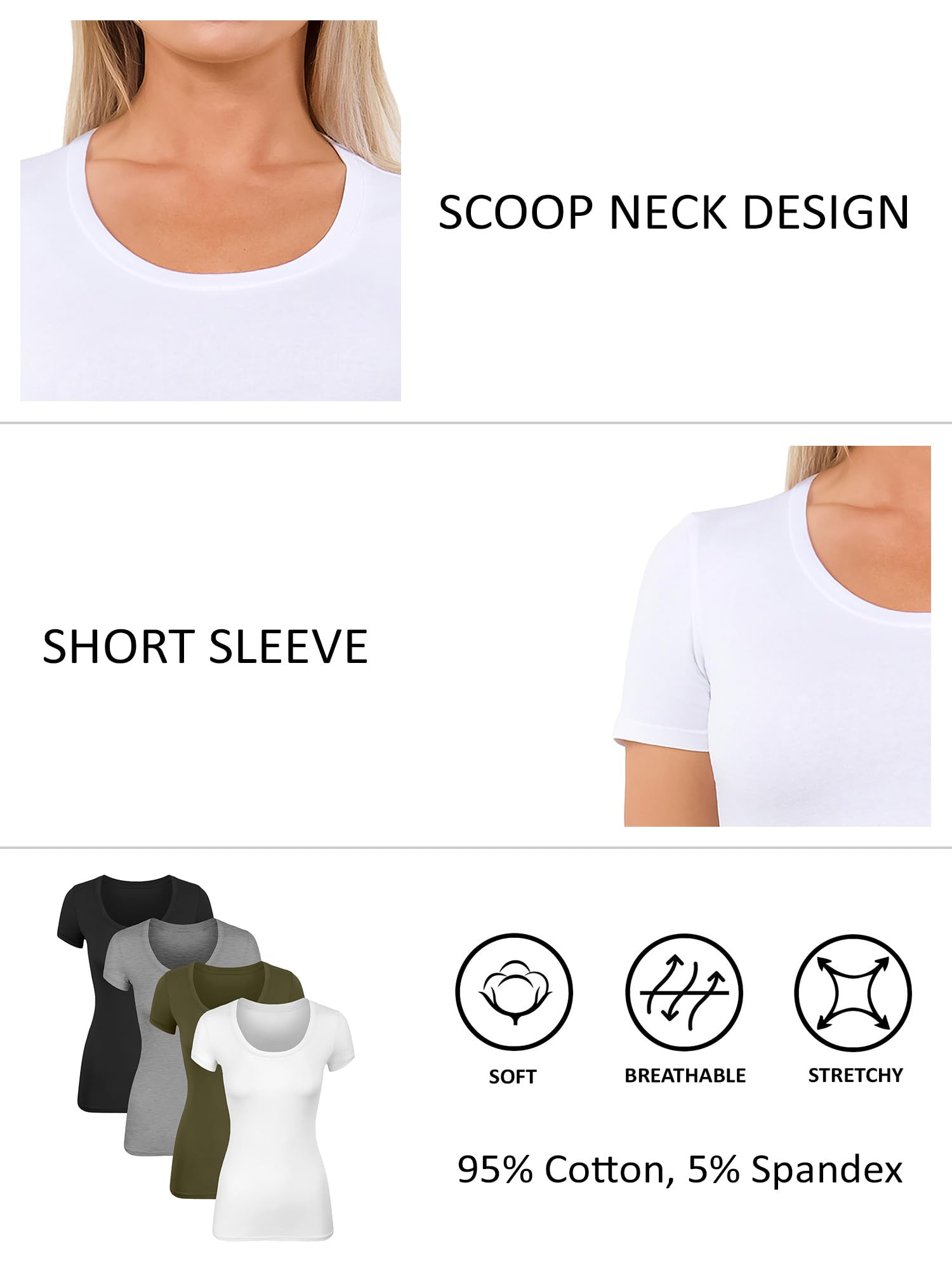 Baumwoll-T-Shirts für Damen, kurzärmelig, Basic-T-Shirt, einfarbiges T-Shirt, lässiges Oberteil, Unterhemd, Packung 1–4 Stück, 4er-Pack – Schwarz, H Grau, Olivgrün, Weiß, Klein