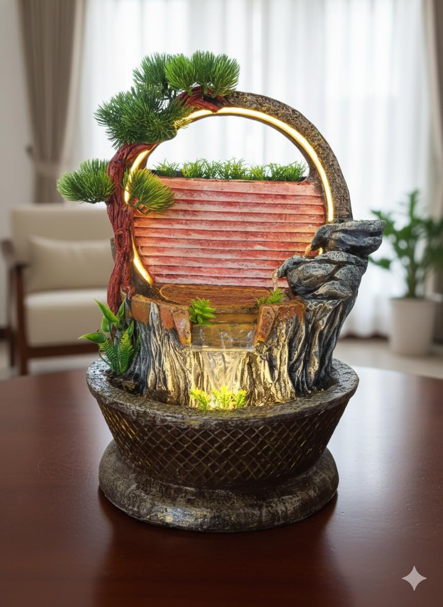 NVR Premium Indoor Tabletop Ring Water Fountain with Warm LED Lights, Decorative Rocks and Greenery, Relaxation Fountain-image-33