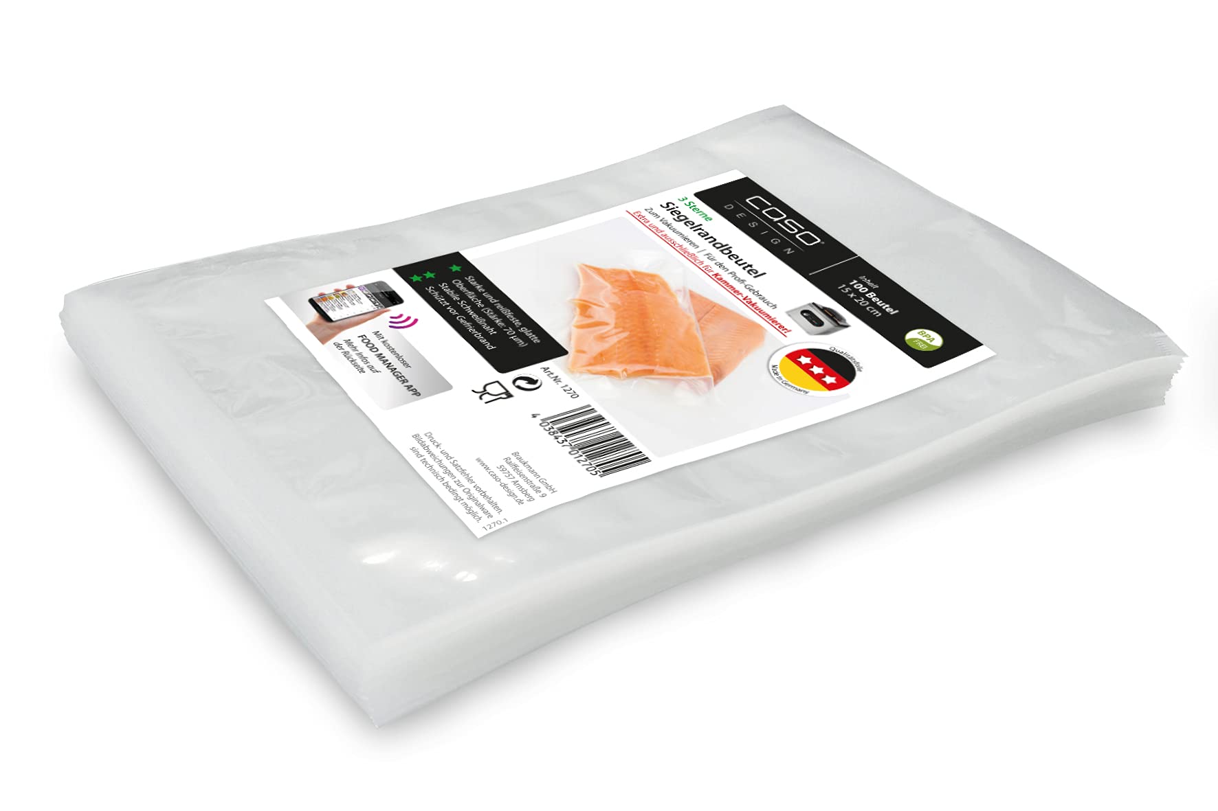 CasoSealing Edge Bags 15 x 20 cm, 70 μ, Pack of 100, Exclusively for Chamber Vacuum Sealers, Smooth Surface, Stable Weld, BPA-Free, Sous Vide, Made in Germany