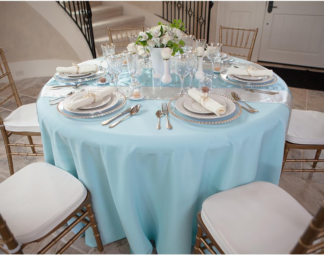 LTC LINENS 10 Pack 120 Inch Round Tablecloth Baby Blue for 60 Inch Round Table Floor Length - Bulk Round Table Cover - Wrinkle Resistant Polyester Fabric Cloth for Wedding, Baby Shower