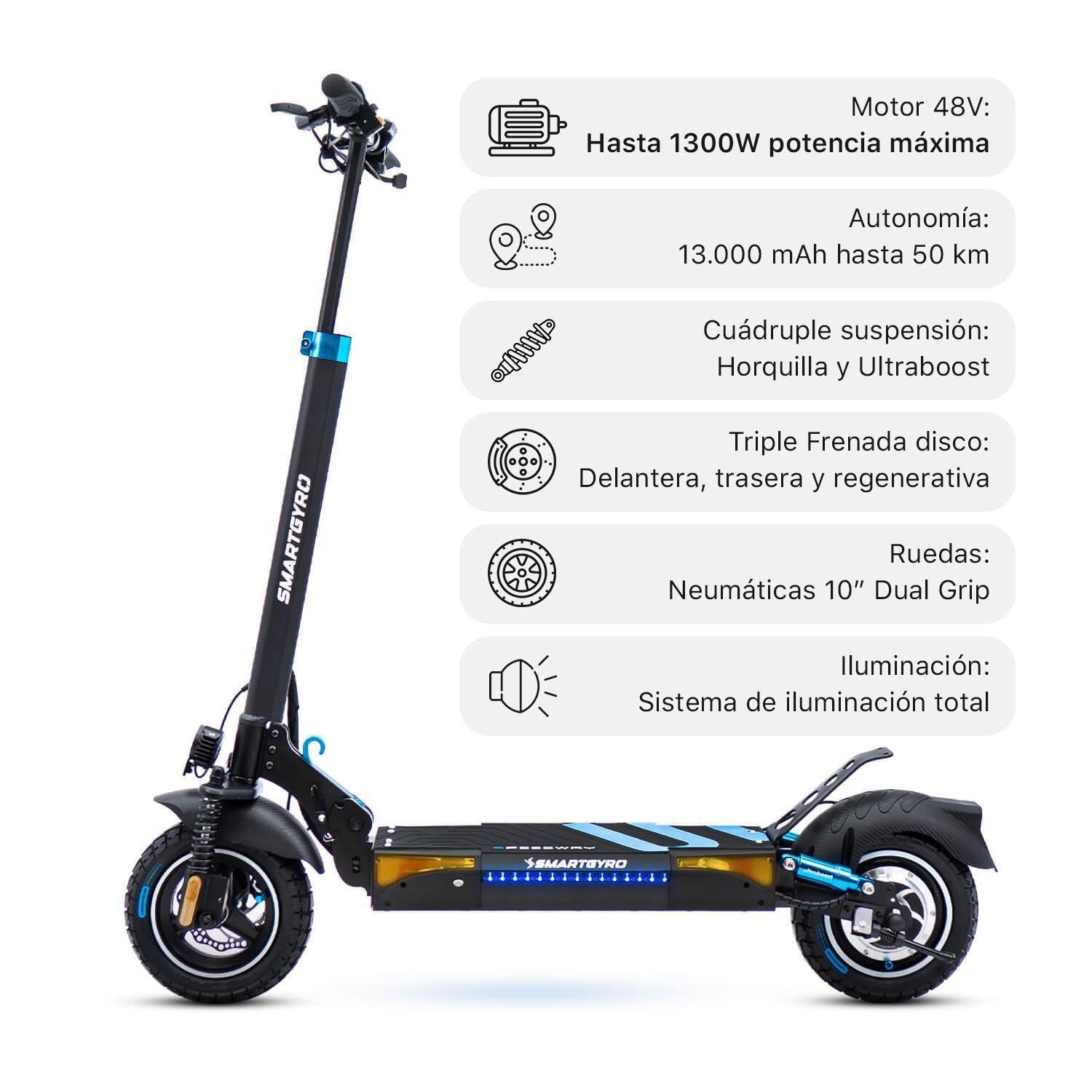 smartGyro Speedway, Monopattino Elettrico 48V, Batteria 13Ah, Autonomia 50 Km, Ruote Dual Grip da 10, Sospensioni, Tripla Frenatura, Seconda Generazione