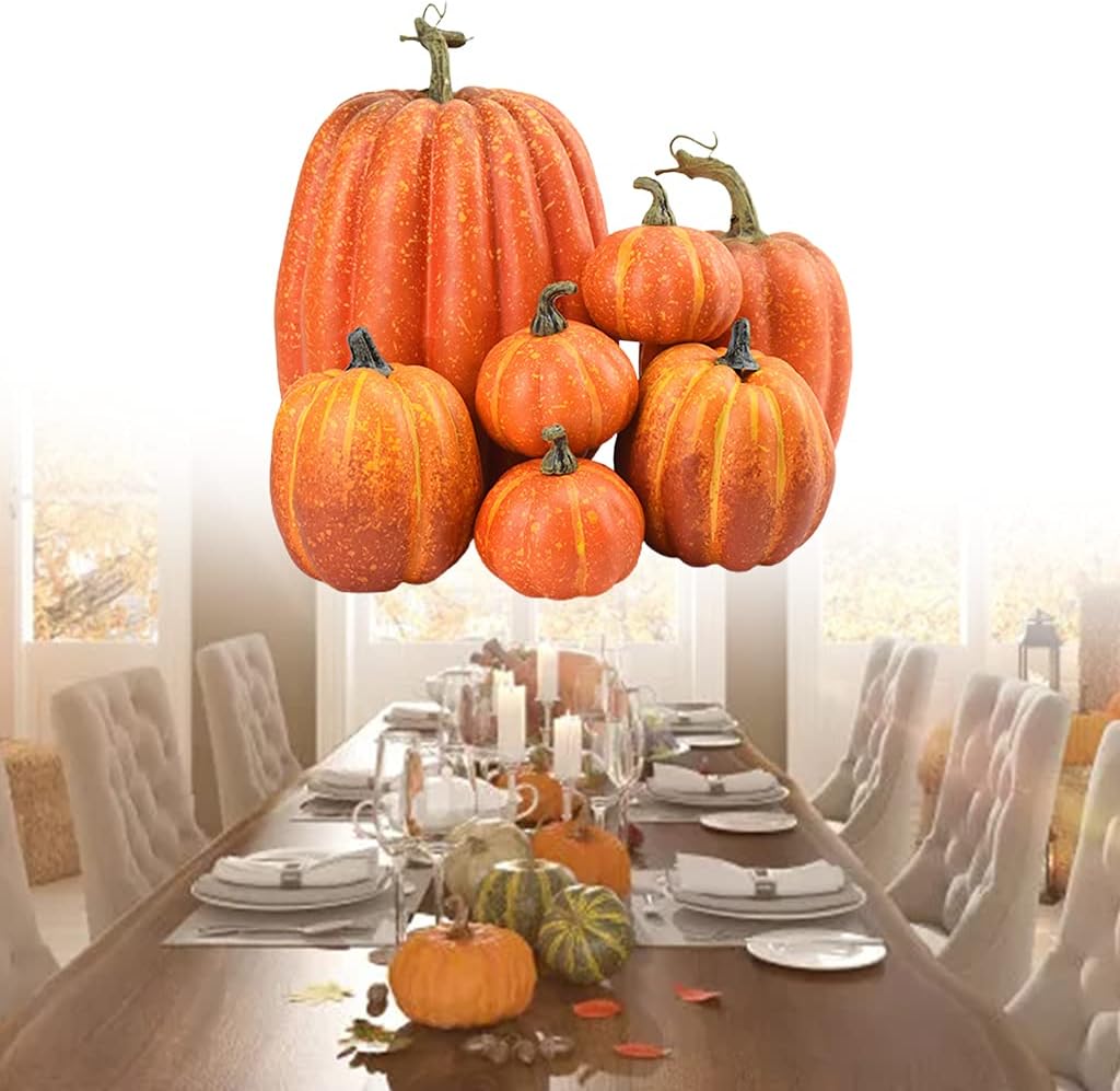CPYGMXI 7pcs Artificial Pumpkins Assorted Fake Simulation Pumpkin for Halloween Thanksgiving Party Home Decoration
