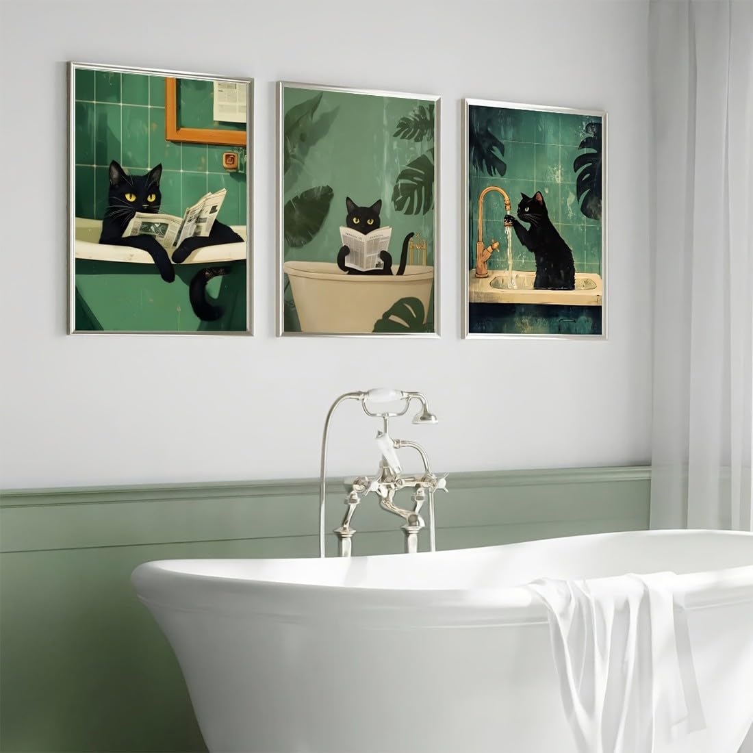 Divertente gatto nero sulla toilette stampa artistica poster da bagno rosa gatto lettura di notizie carta piante tropicali immagini decorazione della casa  15