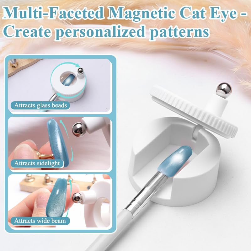 Rotating Cat Eye Magnet for Nail Polish, 360°Automatic Cat Eye Magnet Tool with Strong Magnet for Cat Eye Gel, Glass Bead Nail Magnet, Magnetic Nail Tool for DIY Nail Art & Salon Use (White)