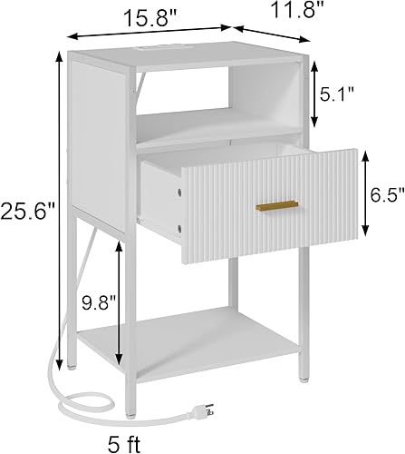 Miniatura 2 de Mesita de noche blanca con estación de carga, mesa auxiliar acanalada con cajón, moderna mesita de noche con estantes abiertos para sala de estar,
