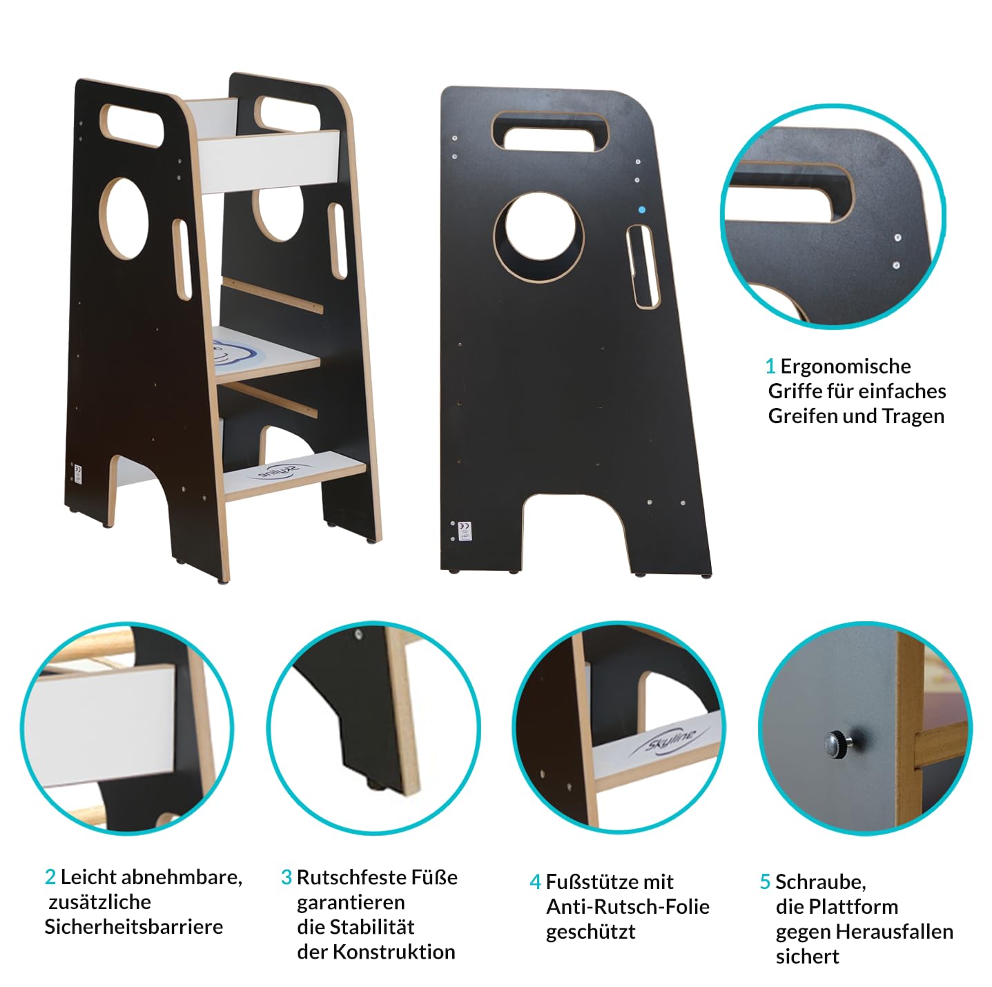 Skyline Torre di Apprendimento Libreria Montessoriana per Bambini Scaletta Pieghevole Tavolino Sedia Torretta Pieghevoli Scrivania Sgabello Tavolo Kitchen Helper Learning Tower nero/bianco