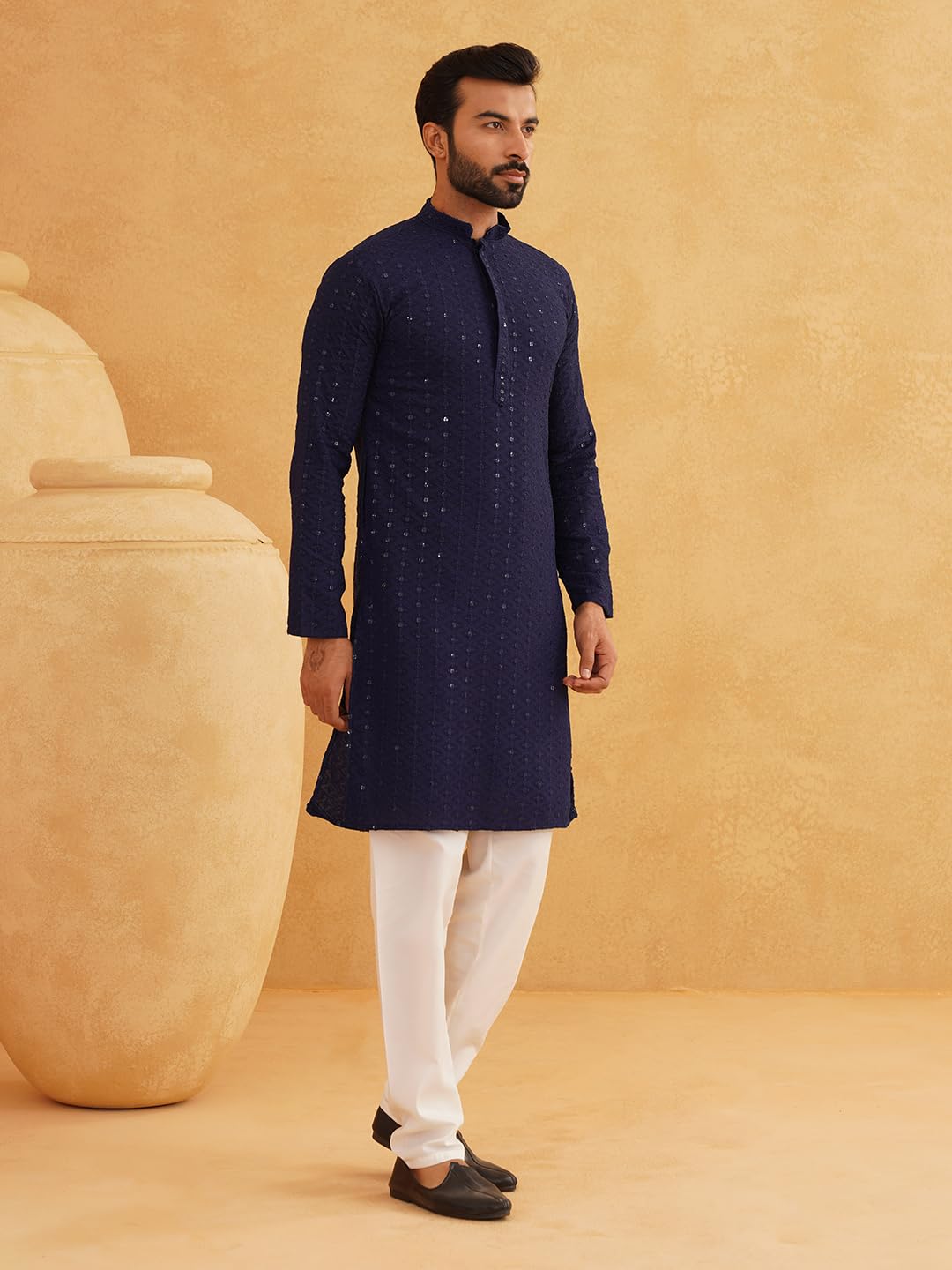 Sojanya (Since 1958 Men's Sequinned Embroidered Navy Blue Cotton Kurta And White Pyjama Set
