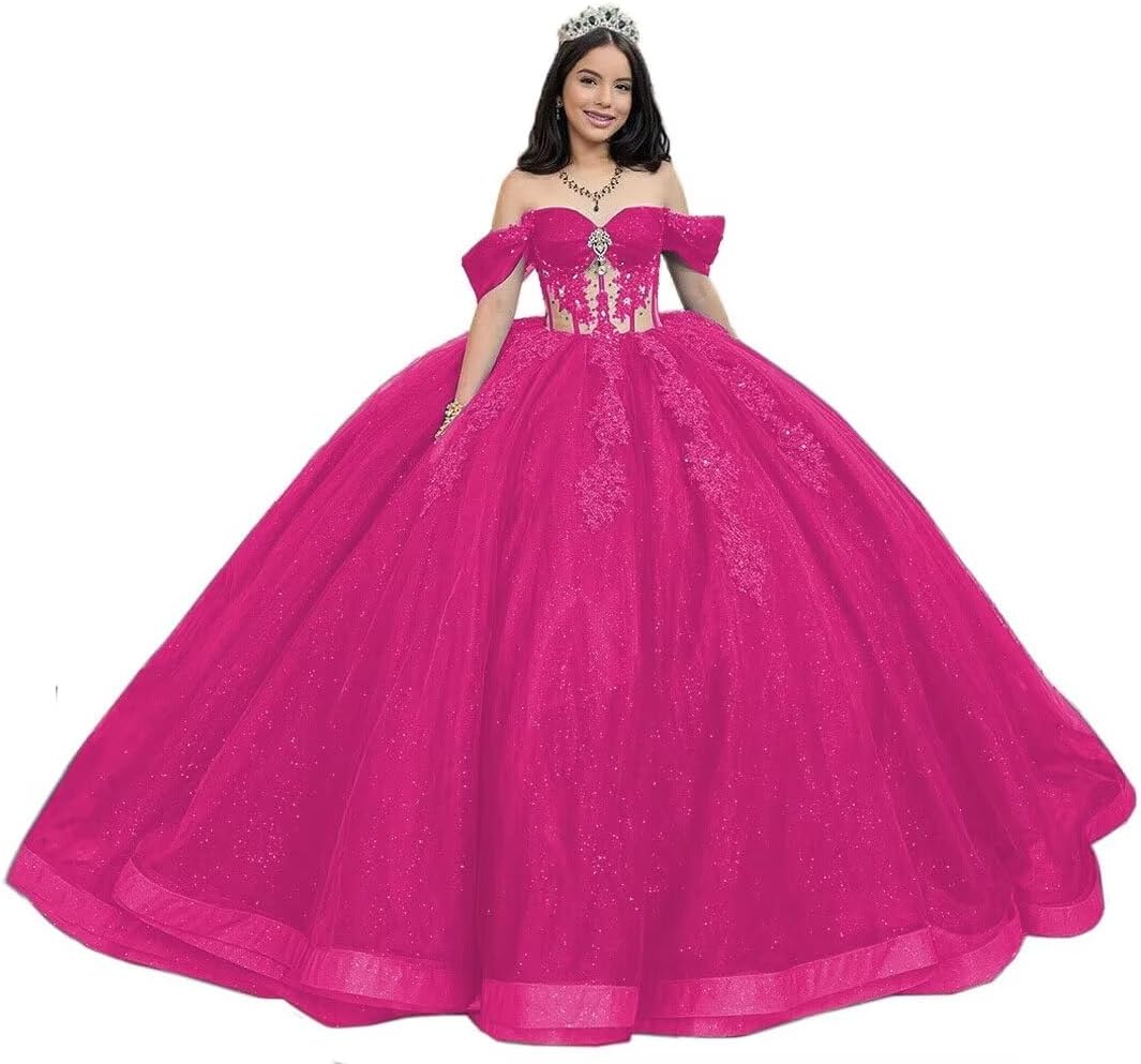 Glitter Lace Quinceanera Dresses Beaded Off Shoulder Sweet 16 Dresses with Train Pearly XV Dresses for Quinceanera