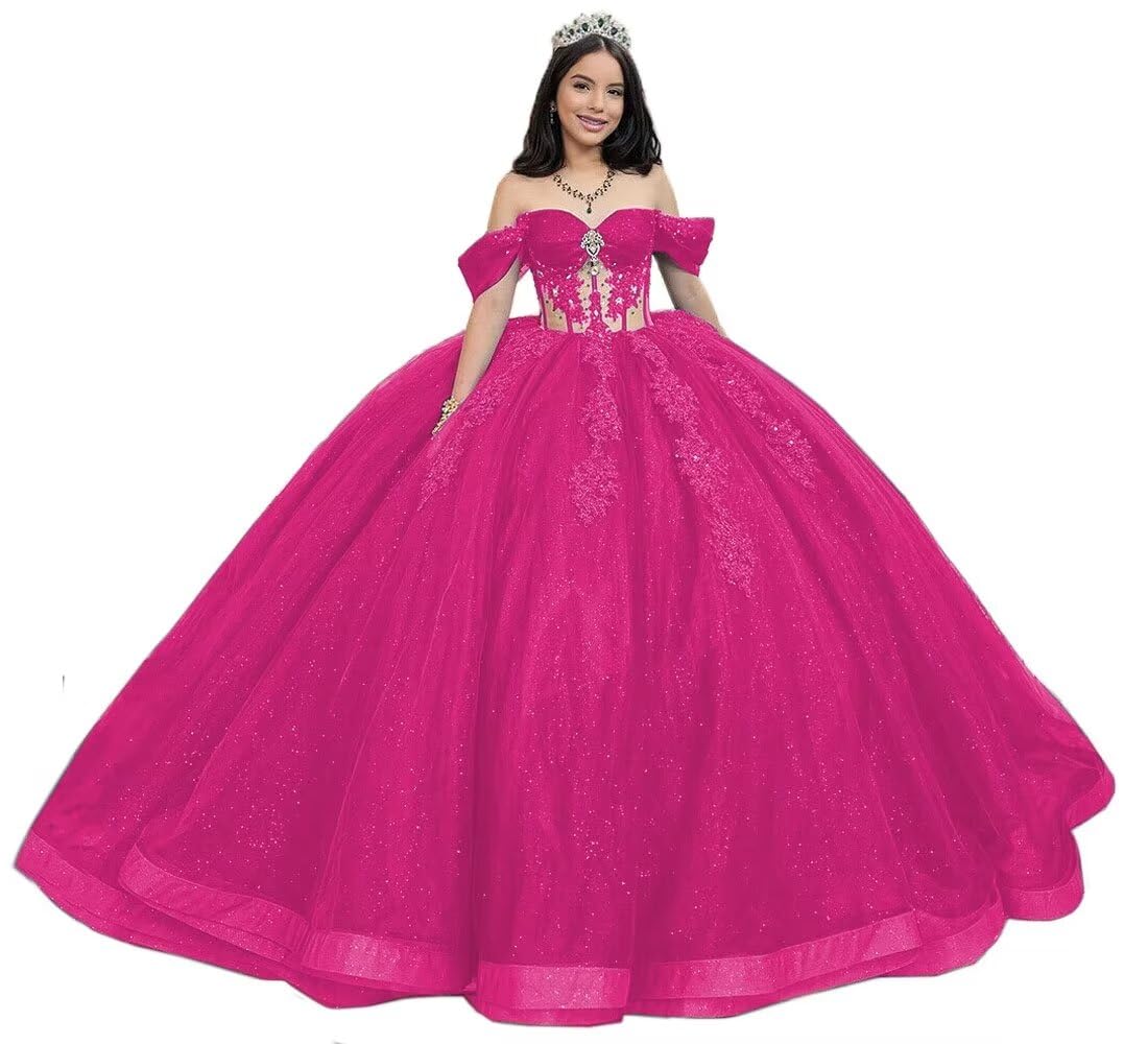 Mouccy Glitter Lace Quinceanera Dresses Beaded Off Shoulder Sweet 16 Dresses with Train Pearly XV Dresses for Quinceanera