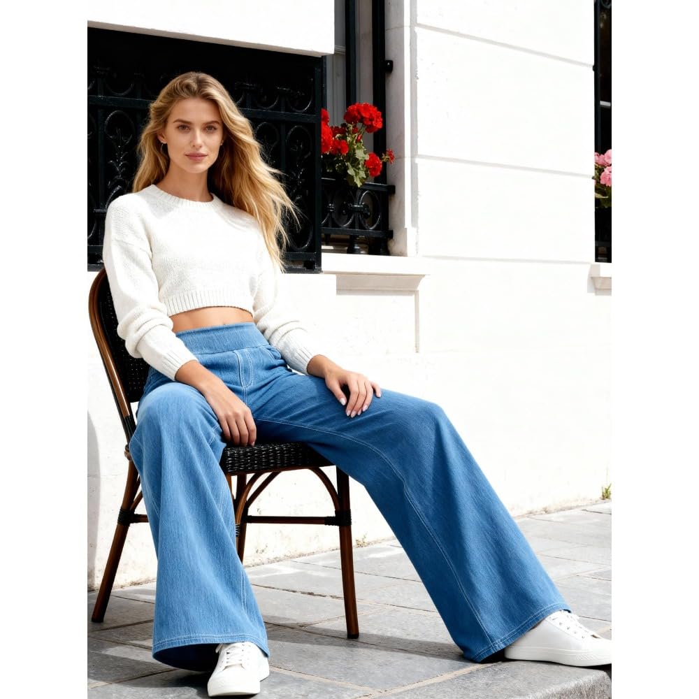 Jeans Mujer Stretch de Pierna Ancha y Recta Tiro Alto Estilo Baggy Pantalones Casual Efecto Moldeador con Bolsillos Ajuste Suelto rectos/D/M