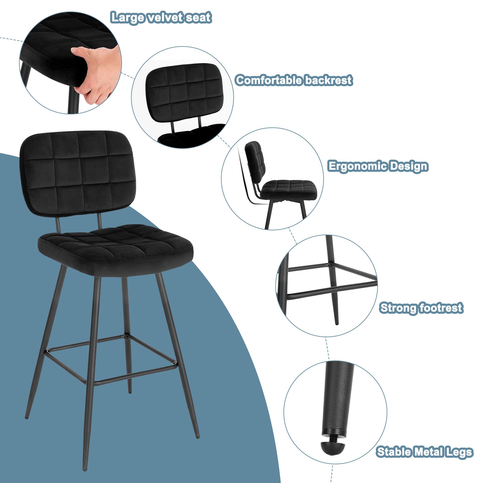 EUGAD Tabourets Bar Lot de 2, Chaise de Bar, avec Dossier, Repose-Pieds, Siège rembourré, en Velours et Métal, Noir, 1042BY-2