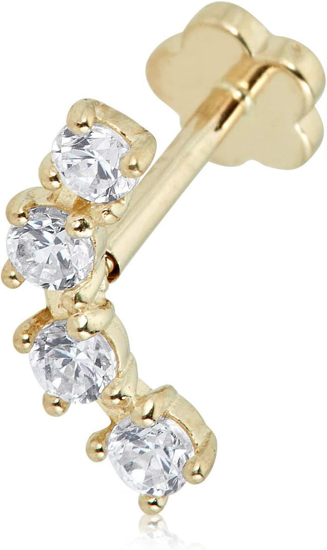 AVORA 14K Gold 4 stone Simulated Diamond CZ Curved Bar Cartilage Piercing Flat Back Earring Body Jewelry (18 Gauge)