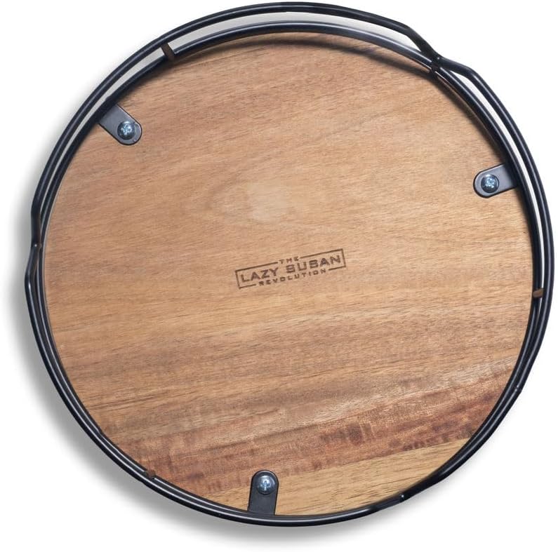 9 Acacia Wood Lazy Susan Revolution Turntable w/Black Wire – Rotating Kitchen Organizer for Table, Pantry, or Cabinet, Rustic Wood Finish, 360° Spin