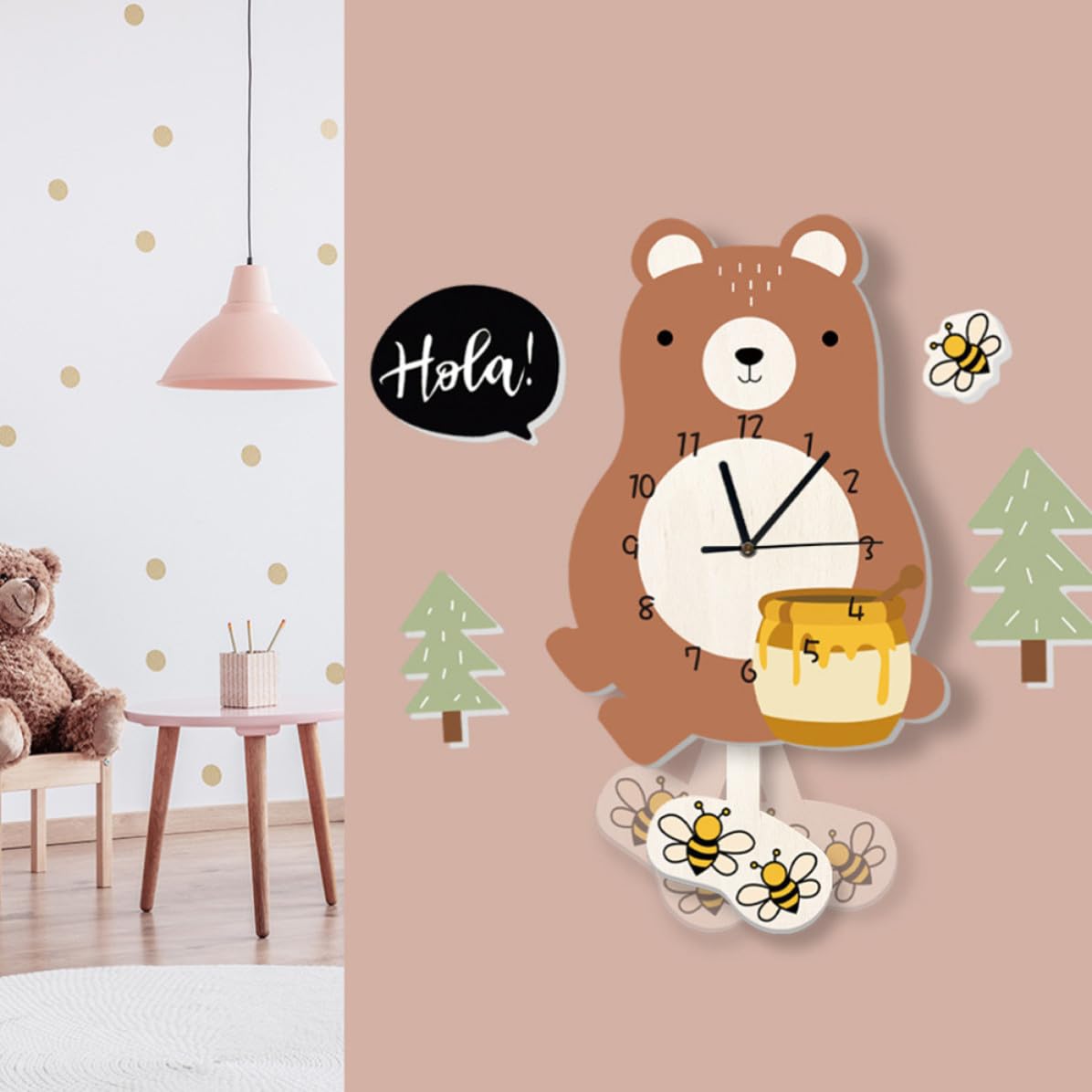 1pieza Reloj de Pared Infantil Colgante con Diseño de Oso Caricatura Movimiento Silencioso para Habitación Aula y Decoración de Pared de Habitación Infantil