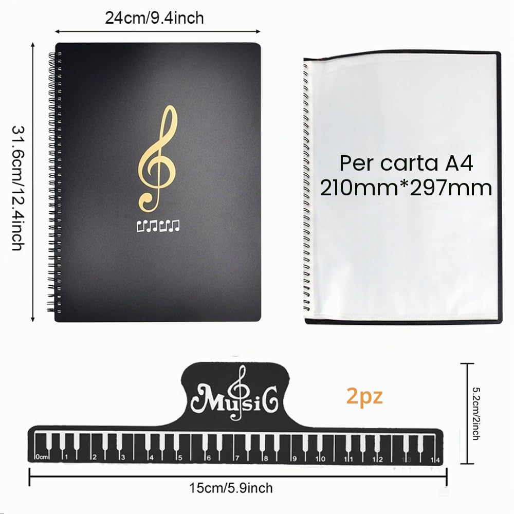 ADERTOS Raccoglitore Porta Spartiti Musicali, A4 Cartelle Portaspartiti, Porta Spartiti per Pianoforte, 50 Tasche/100 Pagine, con 2 Clip, per Spartiti, Pianoforte, Chitarra, Violino