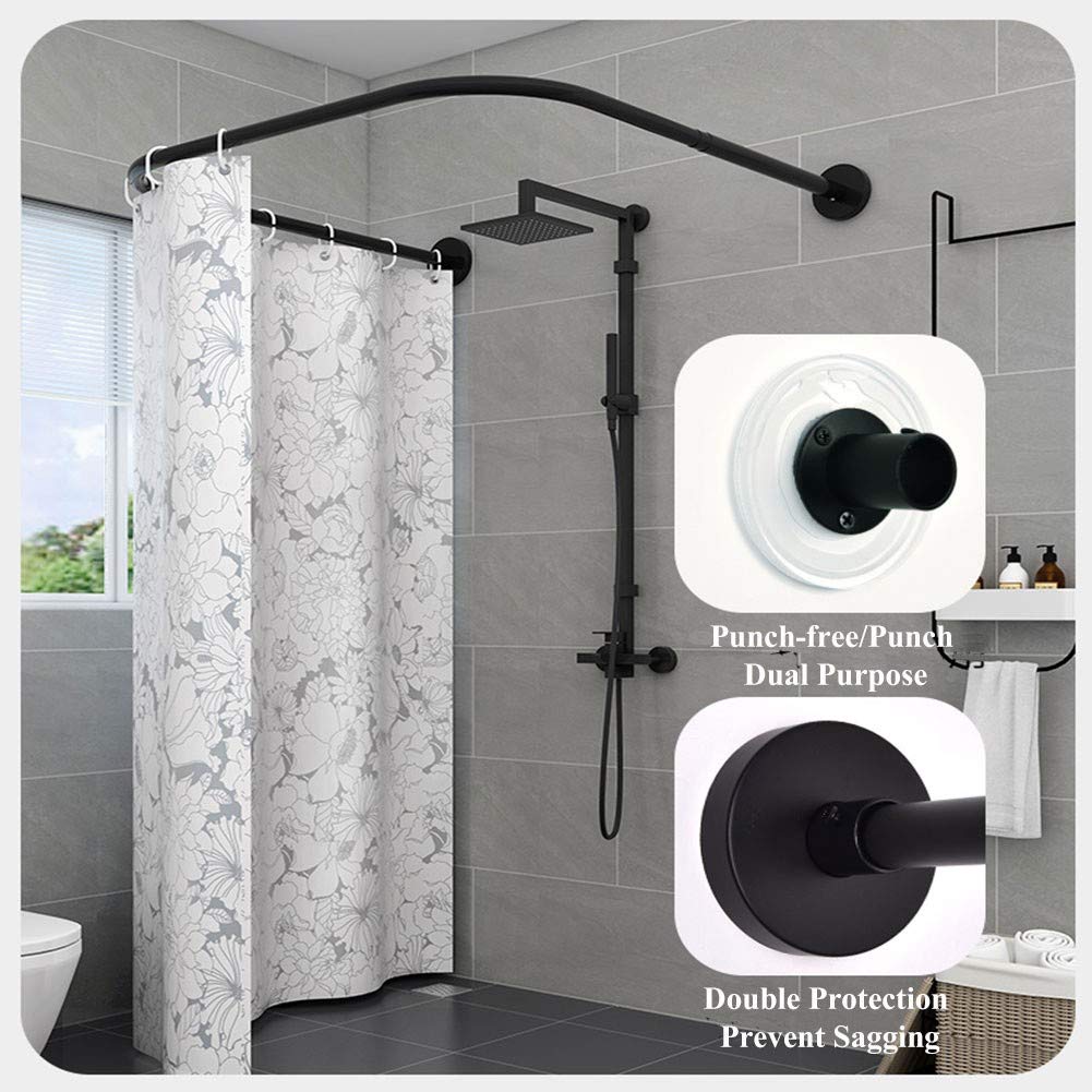 Barra de ducha ajustable en forma de U, instalación sin taladro, soporte de esquina extensible, diseño curvado, se adapta a baños modernos de 81 a 119 cm.