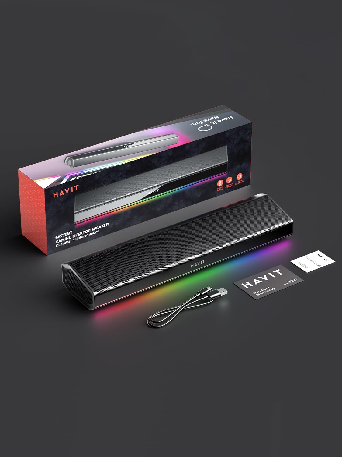 Havit Haut-parleur pour ordinateur de bureau, barre de son Bluetooth 5.3 avec éclairage LED dynamique, HiFi stéréo, haut-parleur Bluetooth portable, haut-parleur de jeu pour PC, ordinateur portable