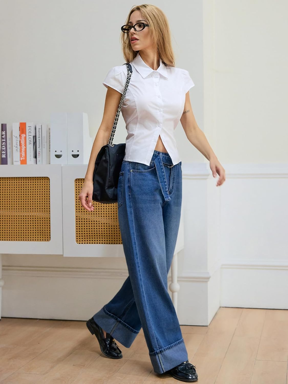 Tankaneo Womens Wide Leg Cuffed Jeans Trendy High Waisted Baggy Denim Pants image 2