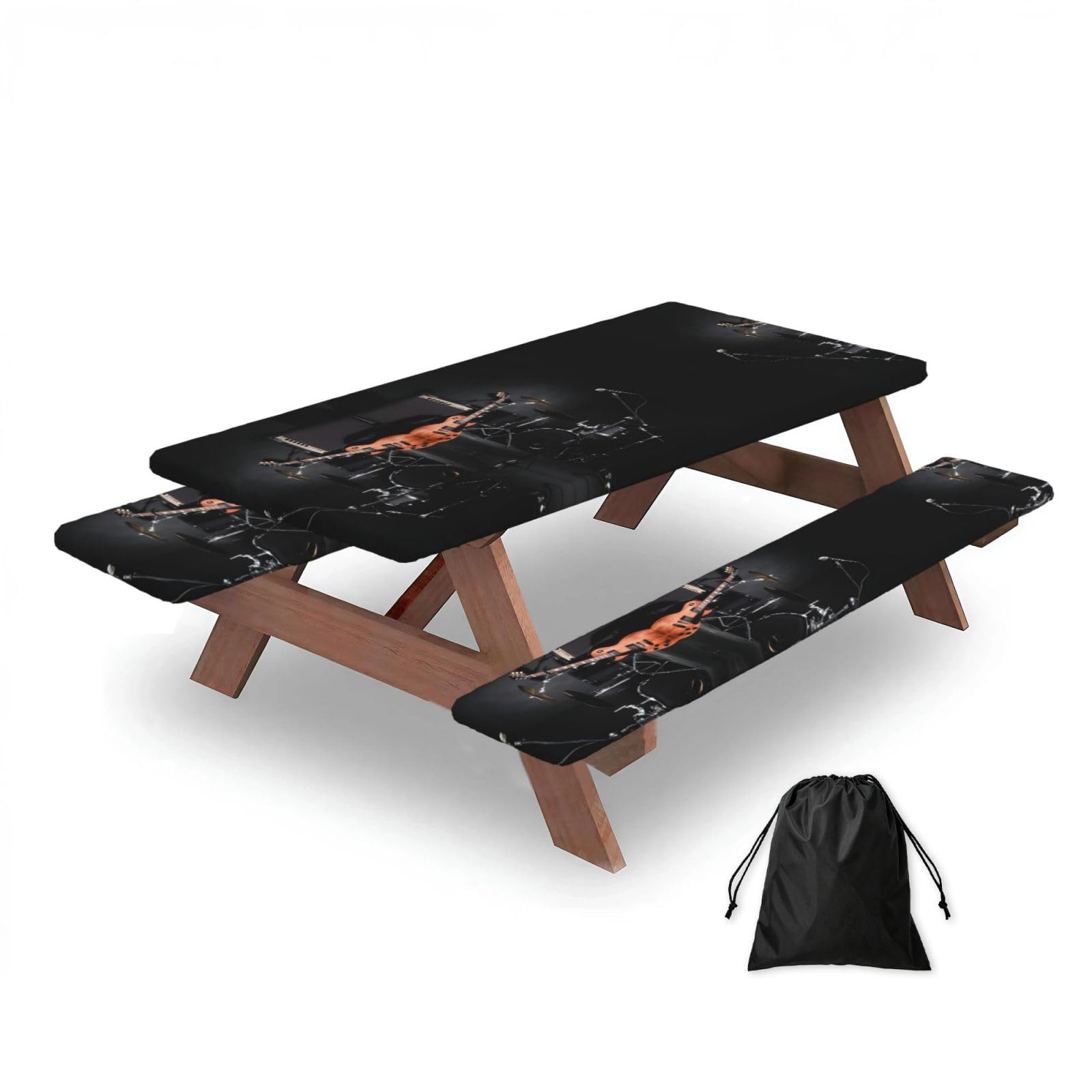Zqytgfdc Black Musical Instrument Guitar Rectangular Water-Repellent Picnic Tablecloths, Outdoor Camping, Picnic, Bbq